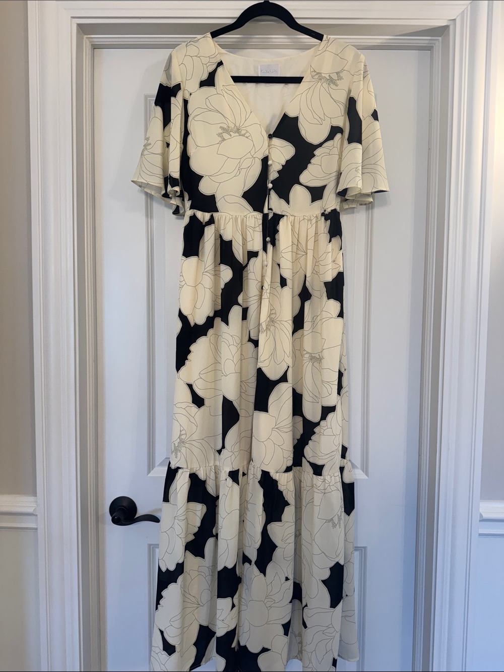 Floral V-Neck Maxi Dress in Cream and Black